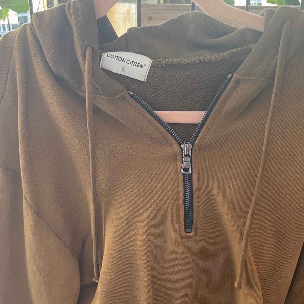 Cotton Citizen Olive and brown Half-Zip Hoodie
